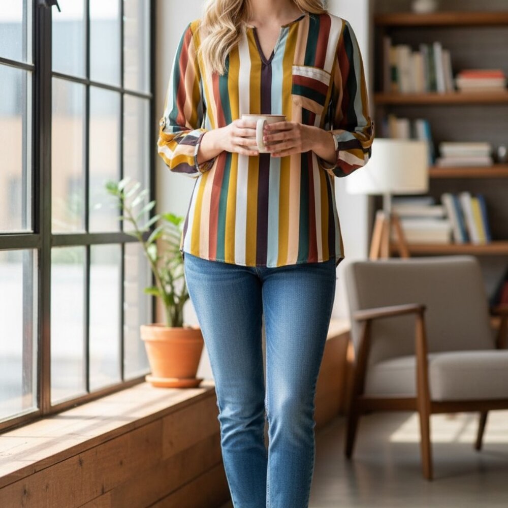 Lily White Earth Tone  Vertical Striped Roll Tab Blouse Size Medium - Picture 6 of 6
